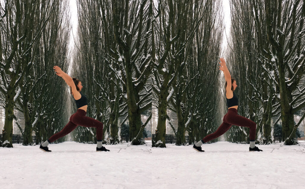 high lunge yoga pose alignment demonstrated by Camilla Mia in the snow