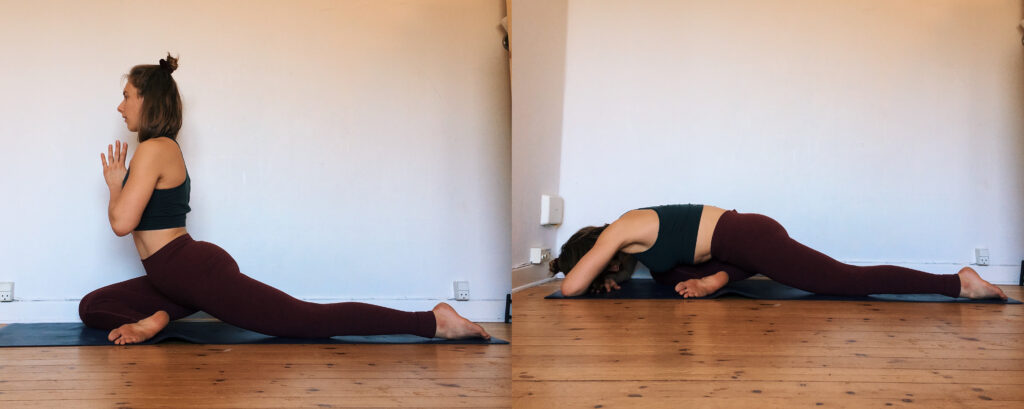 Pigeon pose to increase external rotation in the hip mobility for handstand