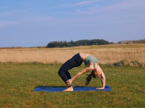 Woman demonstrating a straight legged wheel pose Stock Photo by Photology75